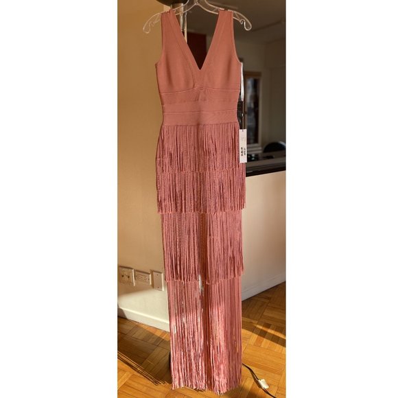 JOVANI - JVN04784 FRINGE V NECK SHEATH DRESS - Picture 7 of 9